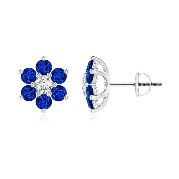 ANGARA Natural 1.2 Ct 6 Petal Diamond & Sapphire Flower Stud Earrings in 14K White Gold for Women (Size-2.7mm) | Anniversary, Jewelry Gift for Women | Natural Blue Sapphire Earrings