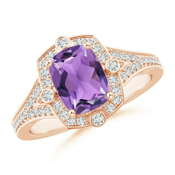 ANGARA Natural Inspired Cushion 1.2 ct Amethyst Ring with Diamond Halo in 14K Rose Gold for Women (Size-8x6mm) | February Birthstone, Anniversary, Jewelry Gift for Women | Natural Amethyst Ring