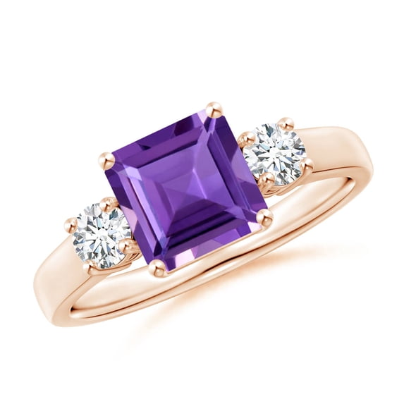 ANGARA Natural Square Emerald-Cut 1.3 ct Amethyst and Diamond Three Stone Ring in 14K Rose Gold for Women (Size-7mm) | February Birthstone, Anniversary, Jewelry Gift for Women | Natural Amethyst Ring