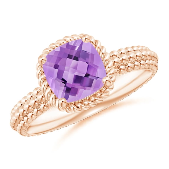 ANGARA Natural 1.35 ct Amethyst Beaded Shank Ring with Twisted Wire Halo in 14K Rose Gold for Women (Size-7mm) | February Birthstone, Anniversary, Jewelry Gift for Women | Natural Amethyst Ring