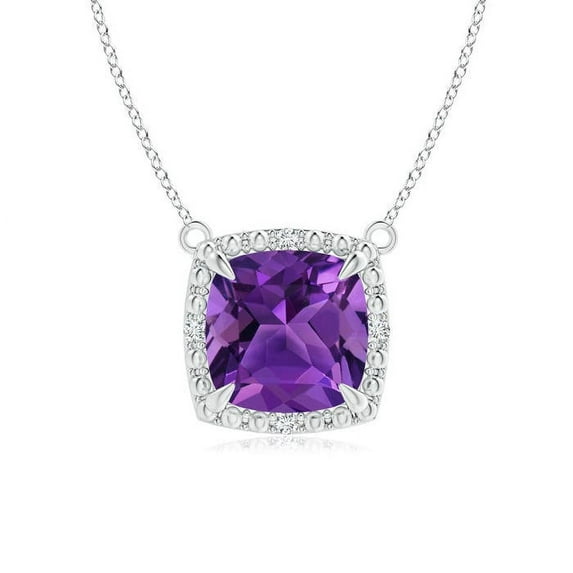 ANGARA Natural Claw-Set Cushion 1.35 ct Amethyst Beaded Halo Necklace in 14K White Gold for Women (Size-7mm) | February Birthstone, Anniversary, Jewelry Gift for Women | Natural Amethyst Necklace