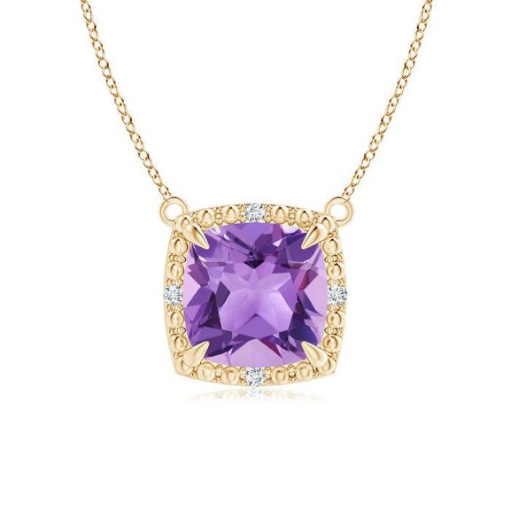 ANGARA Natural Claw-Set Cushion 1.35 ct Amethyst Beaded Halo Necklace in 14K Yellow Gold for Women (Size-7mm) | February Birthstone, Anniversary, Jewelry Gift for Women | Natural Amethyst Necklace