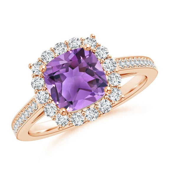 ANGARA Natural Cushion 1.35 ct Amethyst Cocktail Ring with Diamond Halo in 14K Rose Gold for Women (Size-7mm) | February Birthstone, Anniversary, Jewelry Gift for Women | Natural Amethyst Ring