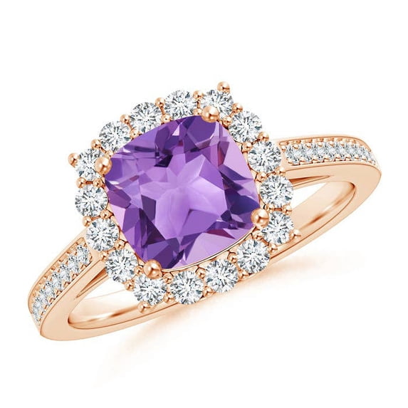 ANGARA Natural Cushion 1.35 ct Amethyst Cocktail Ring with Diamond Halo in 14K Rose Gold for Women (Size-7mm) | February Birthstone, Anniversary, Jewelry Gift for Women | Natural Amethyst Ring