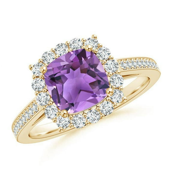 ANGARA Natural Cushion 1.35 ct Amethyst Cocktail Ring with Diamond Halo in 14K Yellow Gold for Women (Size-7mm) | February Birthstone, Anniversary, Jewelry Gift for Women | Natural Amethyst Ring