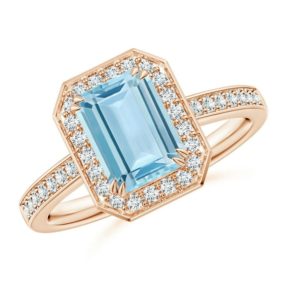 ANGARA Natural 1.35 ct Aquamarine Engagement Ring with Diamond Halo in 14K Rose Gold for Women (Size-8x6mm) | March Birthstone, Anniversary, Jewelry Gift for Women | Natural Aquamarine Ring