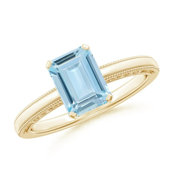 ANGARA Natural 1.35 ct Aquamarine Solitaire Engagement Ring with Milgrain in 14K Yellow Gold for Women (Size-8x6mm) | March Birthstone, Anniversary, Jewelry Gift for Women | Natural Aquamarine Ring