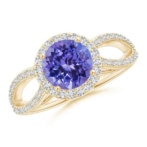 ANGARA Natural 1.45 ct Tanzanite Split Shank Ring with Diamond Halo in 14K Yellow Gold for Women (Size-7mm) | December Birthstone, Anniversary, Jewelry Gift for Women | Natural Tanzanite Ring