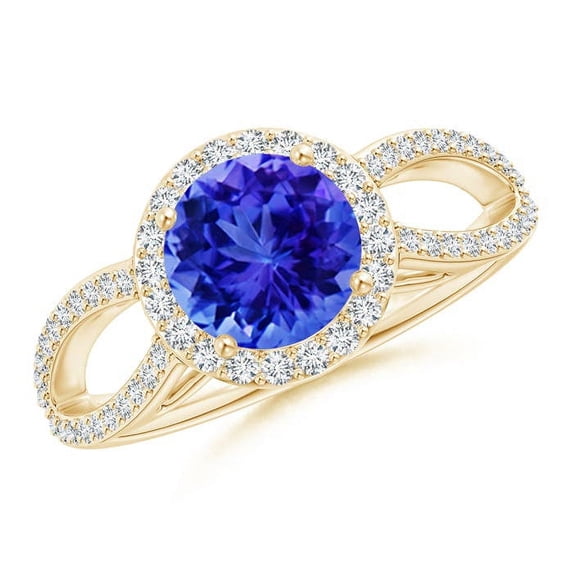 ANGARA Natural 1.45 ct Tanzanite Split Shank Ring with Diamond Halo in 14K Yellow Gold for Women (Size-7mm) | December Birthstone, Anniversary, Jewelry Gift for Women | Natural Tanzanite Ring
