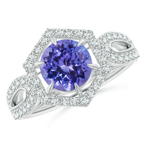 ANGARA Natural 1.45 ct Tanzanite Split Shank Ring with Diamond Hexagon Halo in 14K White Gold for Women (Size-7mm) | December Birthstone, Anniversary, Jewelry Gift for Women | Natural Tanzanite Ring