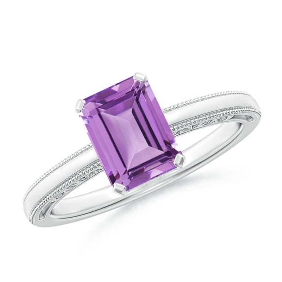 ANGARA Natural Emerald Cut 1.5 ct Amethyst Solitaire Ring with Milgrain in 14K White Gold for Women (Size-8x6mm) | February Birthstone, Anniversary, Jewelry Gift for Women | Natural Amethyst Ring
