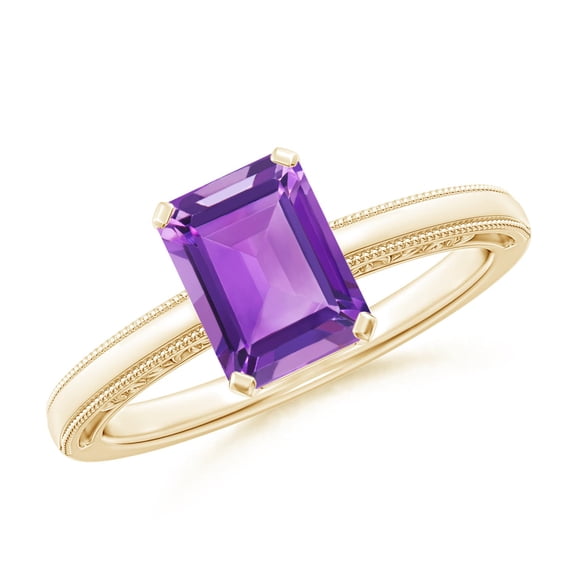 ANGARA Natural Emerald Cut 1.5 ct Amethyst Solitaire Ring with Milgrain in 14K Yellow Gold for Women (Size-8x6mm) | February Birthstone, Anniversary, Jewelry Gift for Women | Natural Amethyst Ring