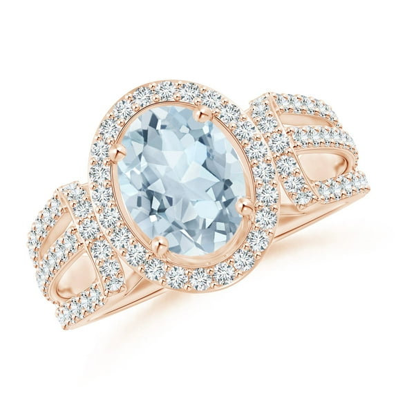 ANGARA Natural 1.5 ct Aquamarine Triple Shank Cocktail Ring with Diamond Halo in 14K Rose Gold for Women (Size-9x7mm) | March Birthstone, Anniversary, Jewelry Gift for Women | Natural Aquamarine Ring