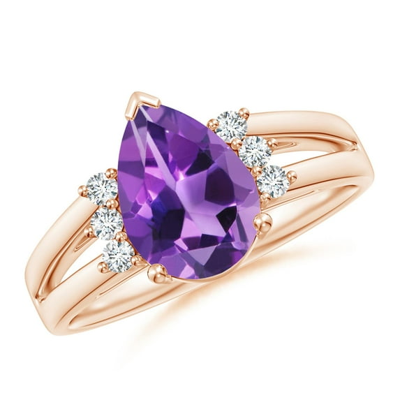 ANGARA Natural Pear 1.6 ct Amethyst Ring with Triple Diamond Accents in 14K Rose Gold for Women (Size-10x7mm) | February Birthstone, Anniversary, Jewelry Gift for Women | Natural Amethyst Ring