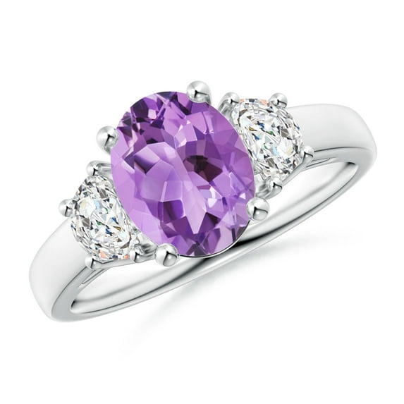 ANGARA Natural Three Stone Oval 1.6 ct Amethyst and Half Moon Diamond Ring in 14K White Gold for Women (Size-9x7mm) | February Birthstone, Anniversary, Jewelry Gift for Women | Natural Amethyst Ring