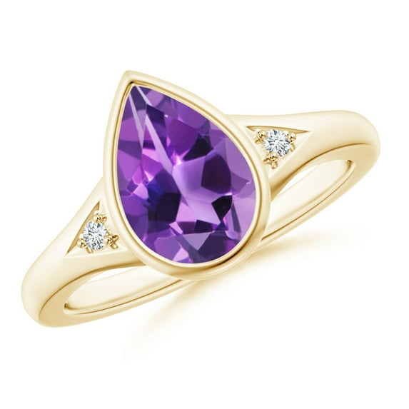 ANGARA Natural Bezel-Set Pear-Shaped 1.6 ct Amethyst Ring with Diamonds in 14K Yellow Gold for Women (Size-10x7mm) | February Birthstone, Anniversary, Jewelry Gift for Women | Natural Amethyst Ring