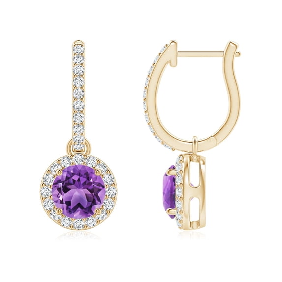 ANGARA Natural Round 1.6 ct Amethyst Dangle Earrings with Diamond Halo in 14K Yellow Gold for Women (Size-6mm) | February Birthstone, Anniversary, Jewelry Gift for Women | Natural Amethyst Earrings