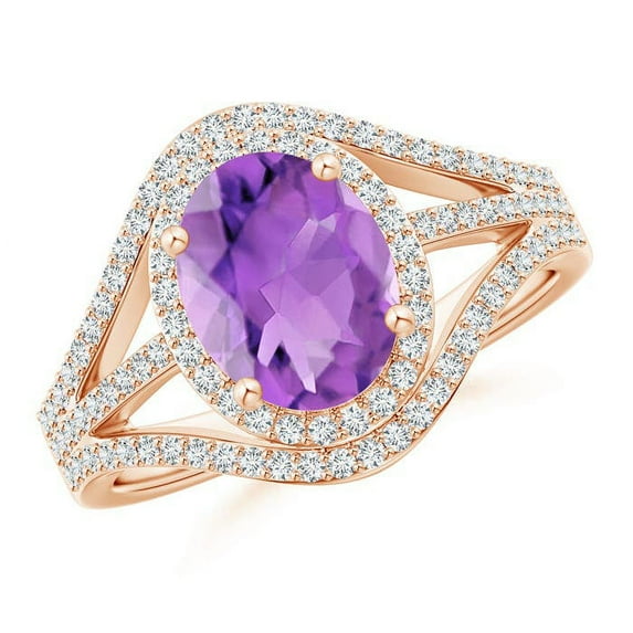 ANGARA Natural Triple Shank Oval 1.6 ct Amethyst and Diamond Halo Ring in 14K Rose Gold for Women (Size-9x7mm) | February Birthstone, Anniversary, Jewelry Gift for Women | Natural Amethyst Ring