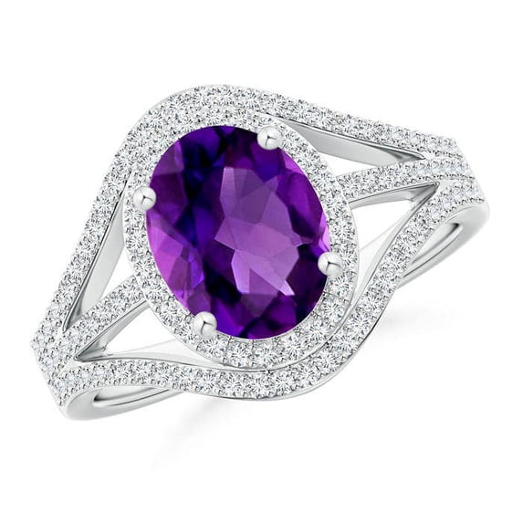 ANGARA Natural Triple Shank Oval 1.6 ct Amethyst and Diamond Halo Ring in 14K White Gold for Women (Size-9x7mm) | February Birthstone, Anniversary, Jewelry Gift for Women | Natural Amethyst Ring