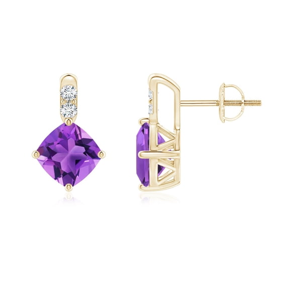 ANGARA Natural Sideways Cushion 1.6 ct Amethyst Earrings with Diamonds in 14K Yellow Gold for Women (Size-6mm) | February Birthstone, Anniversary, Jewelry Gift for Women | Natural Amethyst Earrings