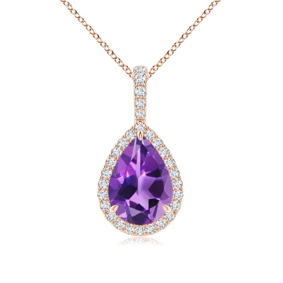 ANGARA Natural 1.6 ct Amethyst Teardrop Pendant with Diamond Halo in 14K Rose Gold for Women (Size-10x7mm) | February Birthstone, Anniversary, Jewelry Gift for Women | Natural Amethyst Necklace