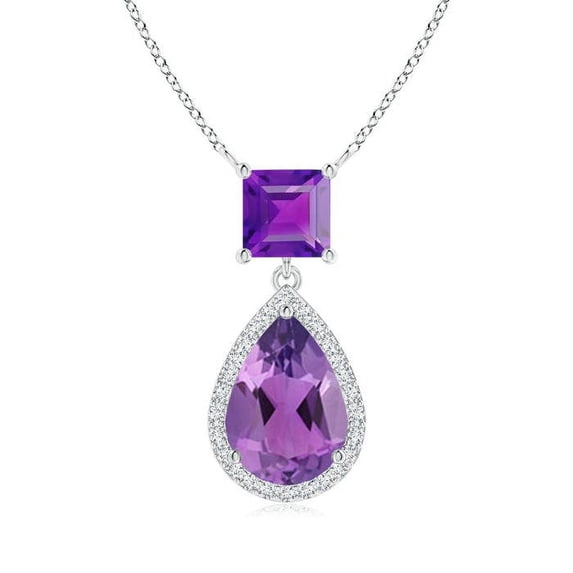 ANGARA Natural Square & Pear 1.6 ct Amethyst Pendant with Diamond Halo in 14K White Gold for Women (Size-10x7mm) | February Birthstone, Anniversary, Jewelry Gift for Women | Natural Amethyst Necklace