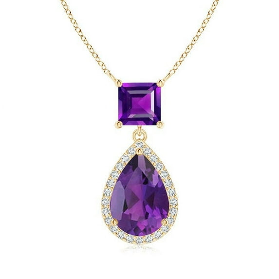 ANGARA Natural Square & Pear 1.6 ct Amethyst Pendant with Diamond Halo in 14K Yellow Gold for Women (Size-10x7mm) | February Birthstone, Anniversary Jewelry Gift for Women | Natural Amethyst Necklace