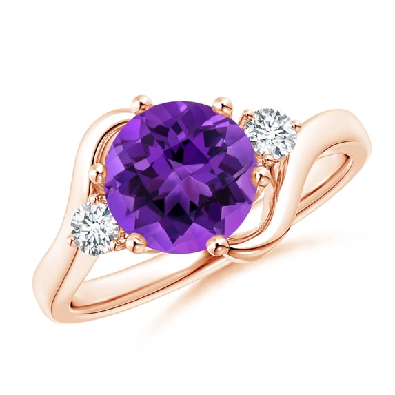 ANGARA Natural Round 1.7 ct Amethyst and Diamond Three Stone Bypass Ring in 14K Rose Gold for Women (Size-8mm) | February Birthstone, Anniversary, Jewelry Gift for Women | Natural Amethyst Ring