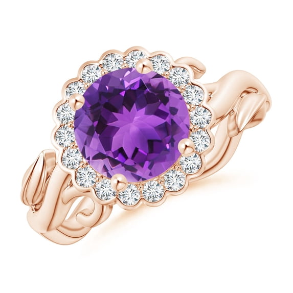 ANGARA Natural 1.7 Ct. Amethyst with Diamond Halo Ring in 14K Rose Gold for Women (Ring Size: 5)