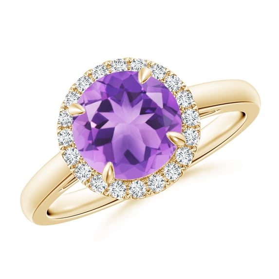 ANGARA Natural Round 1.7 ct Amethyst Cathedral Ring with Diamond Halo in 14K Yellow Gold for Women (Size-8mm) | February Birthstone, Anniversary, Jewelry Gift for Women | Natural Amethyst Ring