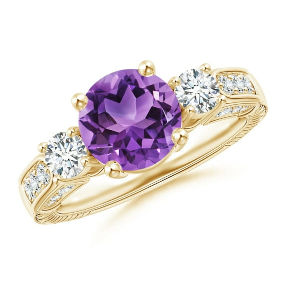 ANGARA Natural Three Stone Round 1.7 ct Amethyst and Diamond Ring in 14K Yellow Gold for Women (Size-8mm) | February Birthstone, Birthday, Anniversary, Jewelry Gift for Women | Natural Amethyst Ring