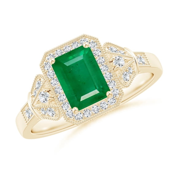 ANGARA Natural 1 Ct Aeon Emerald Halo Engagement Ring with Milgrain in 14K Yellow Gold for Women (Size-7x5mm) | May Birthstone, Anniversary, Jewelry Gift for Women | Natural Emerald Ring