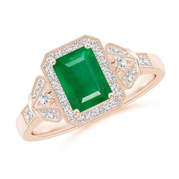 ANGARA Natural 1 Ct Aeon Vintage Style Emerald Halo Engagement Ring with Milgrain in 14K Rose Gold for Women (Size-7x5mm) | May Birthstone, Anniversary, Jewelry Gift for Women | Natural Emerald Ring