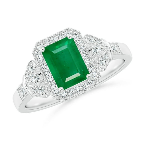 ANGARA Natural 1 Ct Aeon Vintage Style Emerald Halo Engagement Ring with Milgrain in 14K White Gold for Women (Size-7x5mm) | May Birthstone, Anniversary, Jewelry Gift for Women | Natural Emerald Ring