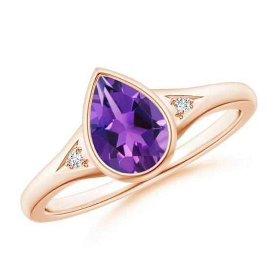 ANGARA Natural Bezel-Set Pear-Shaped 1 ct Amethyst Ring with Diamonds in 14K Rose Gold for Women (Size-8x6mm) | February Birthstone, Anniversary, Jewelry Gift for Women | Natural Amethyst Ring