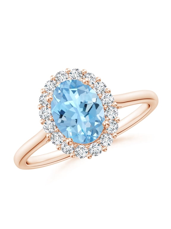 Natural 1 Ct. Aquamarine with Diamond Halo Ring in 14K Rose Gold for Women (Ring Size: 4)