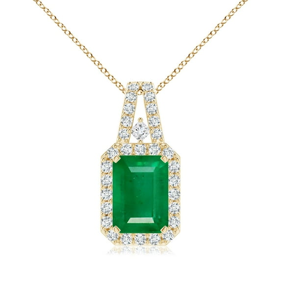 ANGARA Natural 1 Ct Emerald-Cut Emerald Halo Pendant in 14K Yellow Gold for Women (Size-7x5mm) | May Birthstone, Birthday, Anniversary, Jewelry Gift for Women | Natural Emerald Necklace