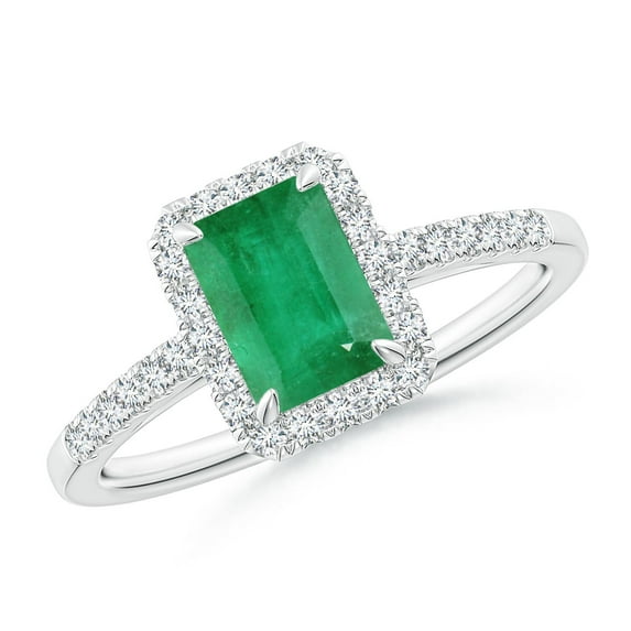 ANGARA Natural 1 Ct Emerald-Cut Emerald Ring with Diamond Halo in 14K White Gold for Women (Size-7x5mm) | May Birthstone, Birthday, Anniversary, Jewelry Gift for Women | Natural Emerald Ring
