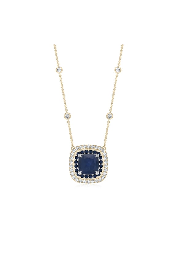 Natural 1 Ct Sapphire Double Necklace in 2 Tone Gold in 14K Yellow & White Gold for Women (Size-6mm) | Anniversary, Jewelry Gift for Women | Natural Blue Sapphire Necklace