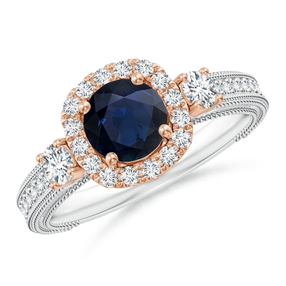 ANGARA Natural 1 Ct Vintage Inspired Sapphire Halo Ring with Filigree in 14K White & Rose Gold for Women (Size-6mm) | September Birthstone, Anniversary, Jewelry Gift for Women | Natural Sapphire Ring