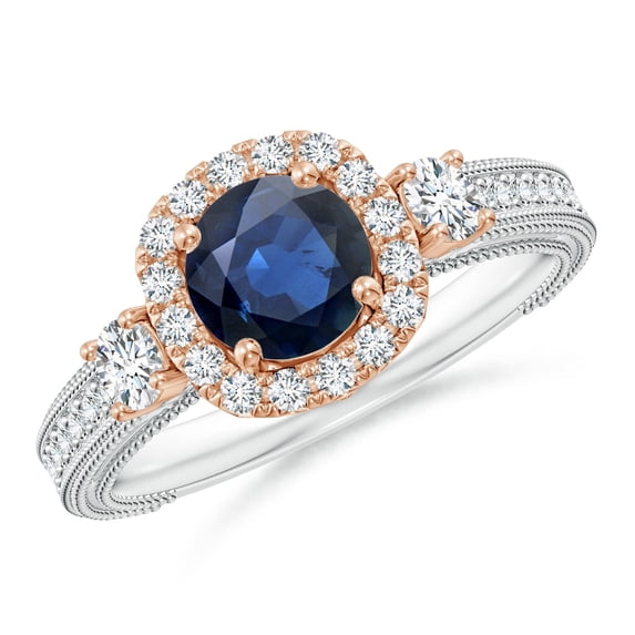 ANGARA Natural 1 Ct Vintage Inspired Sapphire Halo Ring with Filigree in 14K White & Rose Gold for Women (Size-6mm) | September Birthstone, Anniversary, Jewelry Gift for Women | Natural Sapphire Ring