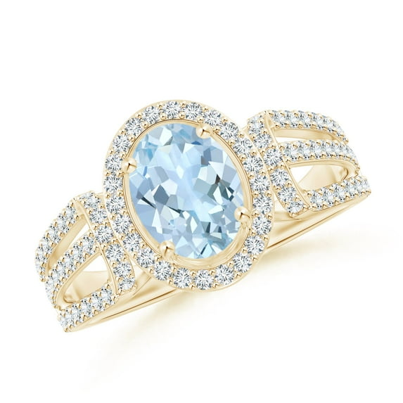 ANGARA Natural 1 ct Aquamarine Triple Shank Cocktail Ring with Diamond Halo in 14K Yellow Gold for Women (Size-8x6mm) | March Birthstone, Anniversary, Jewelry Gift for Women | Natural Aquamarine Ring