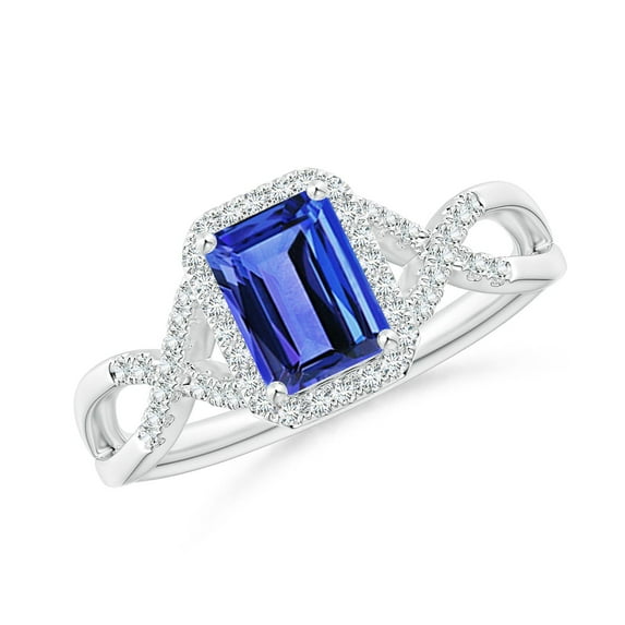 ANGARA Natural 1 ct Tanzanite Criss Cross Ring with Diamond Halo in 14K White Gold for Women (Size-7x5mm) | December Birthstone, Anniversary, Jewelry Gift for Women | Natural Tanzanite Ring