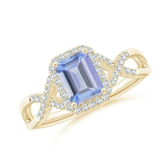 ANGARA Natural 1 ct Tanzanite Criss Cross Ring with Diamond Halo in 14K Yellow Gold for Women (Size-7x5mm) | December Birthstone, Anniversary, Jewelry Gift for Women | Natural Tanzanite Ring