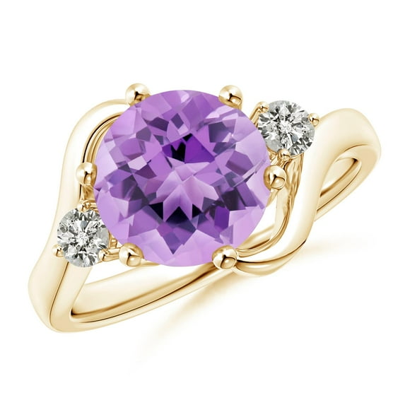 ANGARA Natural Round 2.1 ct Amethyst and Diamond Three Stone Bypass Ring in 14K Yellow Gold for Women (Size-9mm) | February Birthstone, Anniversary, Jewelry Gift for Women | Natural Amethyst Ring