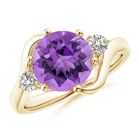 ANGARA Natural Round 2.1 ct Amethyst and Diamond Three Stone Bypass Ring in 14K Yellow Gold for Women (Size-9mm) | February Birthstone, Anniversary, Jewelry Gift for Women | Natural Amethyst Ring