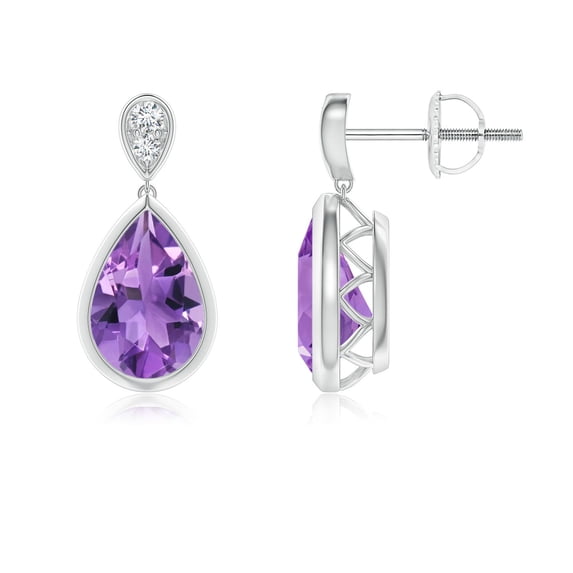 ANGARA Natural Bezel-Set 2.1 ct Amethyst Teardrop Earrings with Diamond in 14K White Gold for Women (Size-9x6mm) | February Birthstone, Anniversary, Jewelry Gift for Women | Natural Amethyst Earrings