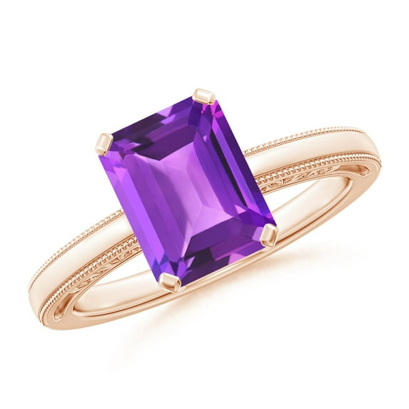 ANGARA Natural Emerald Cut 2.2 ct Amethyst Solitaire Ring with Milgrain in 14K Rose Gold for Women (Size-9x7mm) | February Birthstone, Anniversary, Jewelry Gift for Women | Natural Amethyst Ring