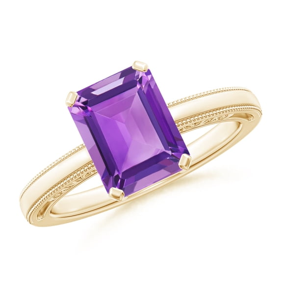 ANGARA Natural Emerald Cut 2.2 ct Amethyst Solitaire Ring with Milgrain in 14K Yellow Gold for Women (Size-9x7mm) | February Birthstone, Anniversary, Jewelry Gift for Women | Natural Amethyst Ring
