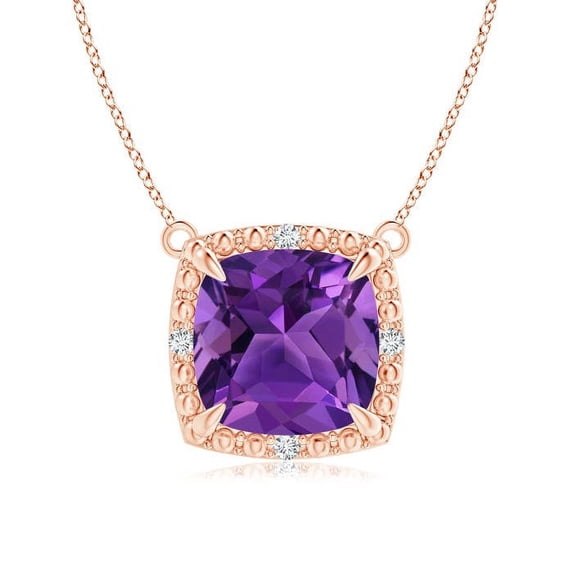 ANGARA Natural Claw-Set Cushion 2.2 ct Amethyst Beaded Halo Necklace in 14K Rose Gold for Women (Size-8mm) | February Birthstone, Anniversary, Jewelry Gift for Women | Natural Amethyst Necklace